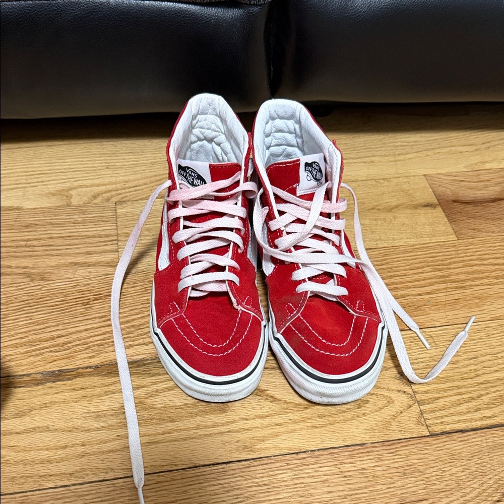 Vans Red and White High-Top Skate Shoes